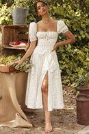 Summer Dress Women Short Puff Sleeve Flroal Printed Ruched Party High Split Long Maxi Dresses Drawstring Sexy Vestidos Sundress