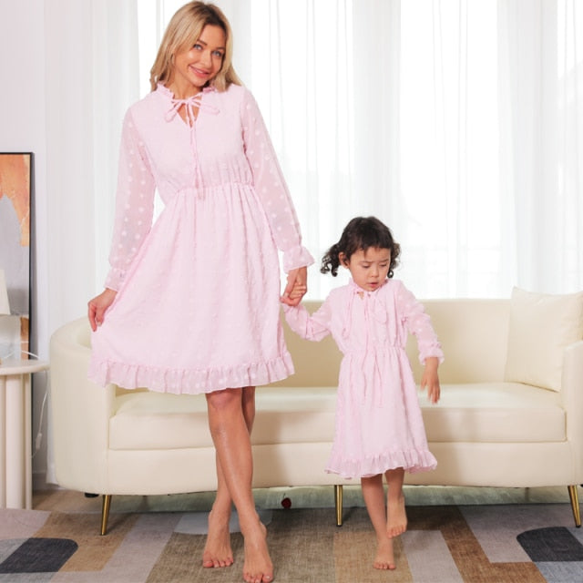 Spring Mother Daughter Macthing Dresses Family Set Sequin Mom Baby Mommy and Me Clothes Long Sleeve V-neck Women & Girls Dress