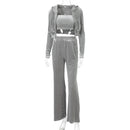 Dulzura Velvet Damen 3-teiliges Set Hoodie Sweatshirt Zipper Tube Crop Top High Waist Wide Leg Pants Trainingsanzug Sportlich Casual Outfit