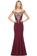 In Stock Mermaid Satin Wedding Party Dress Burgundy Long Lace Open Back Gold Lace Prom Gown Fashion Clothing Vestido de Festa