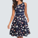 Women Vintage Casual Round Neck A line Summer Elegant Floral Lace Patchwork Sleeveless Tunic Party Swing Dress HA079