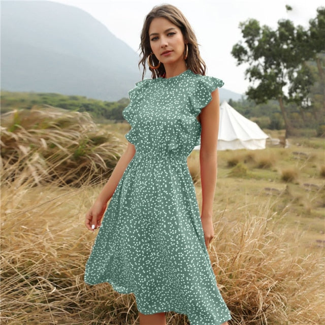 2021 nuevo vestido de verano con estampado de lunares para mujer, vestido informal de gasa con manga de mariposa y volantes, largo medio