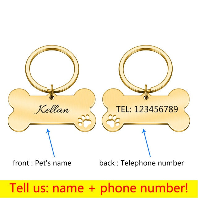 Collar personalizado Etiqueta de identificación de mascota Grabado Nombre de identificación de mascota para gato Cachorro Etiqueta de perro Colgante Llavero Hueso Accesorios para mascotas