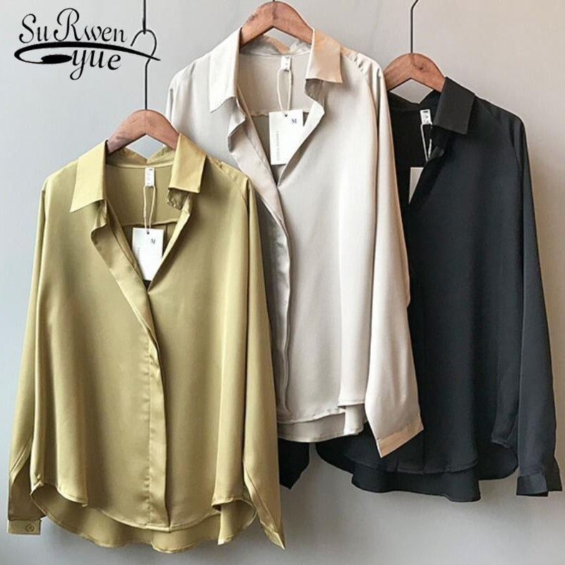 2021 Summer Shirt Fashion Long Sleeve Satin Women's Shirt Vintage Street Silk Shirts Elegant Imitation Blouses and Shirts 5273