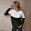 Fashion Leopard Patchwork Autumn Winter 2021 Ladies Knitted Sweater Women O-neck Full Sleeve Jumper Pullovers Top Khaki Brown