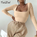 TiulZial Square Collar Langarm Bodycon Bodysuit für Frauen Herbst Weiß Frauen Bodysuit Winter Casual Body Female Top Schwarz
