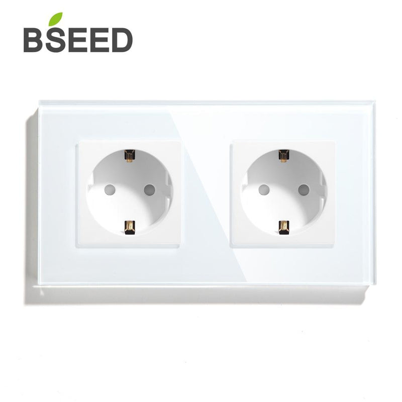 BSEED Mvava Doppelsteckdose Europäischer Standard 16A Wandstecker Weiß Schwarz Kristallglasscheibe Elektrische Heimwerker 157mm