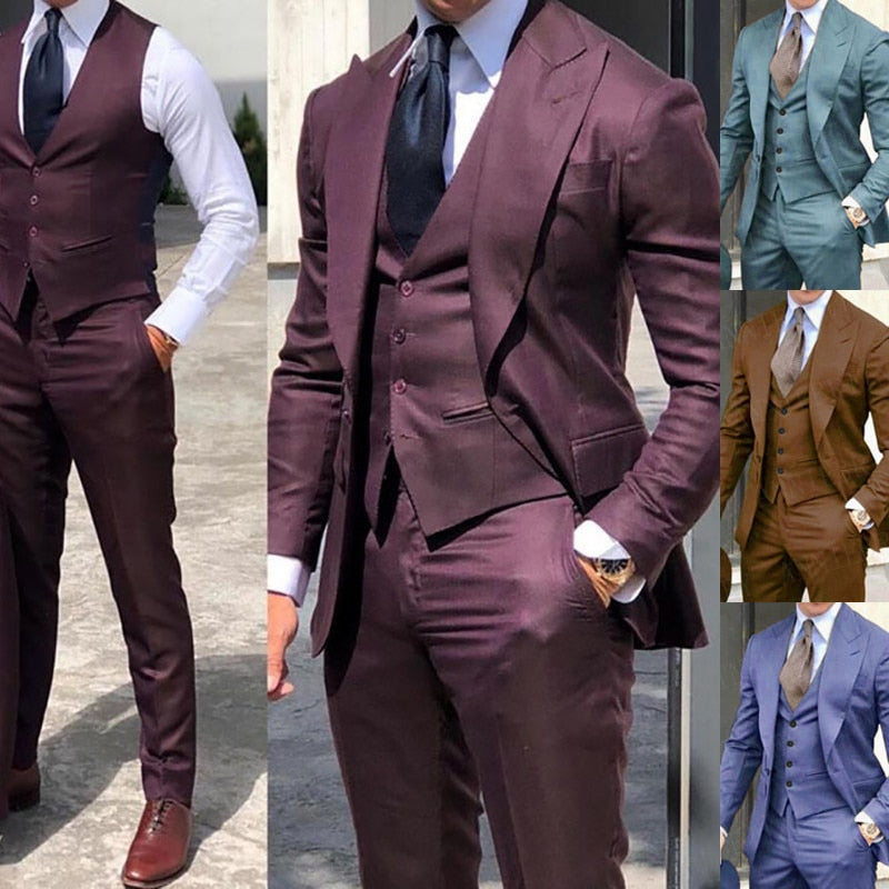 2021 Brown Classic Men Suit 3 Pieces Tuxedo Peak Lapel Groomsmen Wedding Suits Set Fashion Men Business Blazer Jacket+Pants+Vest