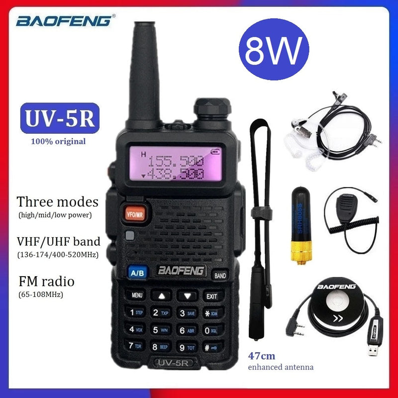 Real 8W BAOFENG UV-5R Walkie Talkie VHF UHF alta potencia Ham Radio transceptor escáner UV5R estación de Radio CB portátil para caza