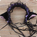 Diadema de encaje con volantes para mujer, cinta con orejas de gato de peluche, campana, Cosplay de Lolita, aro para el pelo