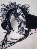 Gothic Lolita Maid Women Girl's Ruffles Lace Headband Plush Cat Ears Ribbon Bell Lolita Cosplay Hair Hoop