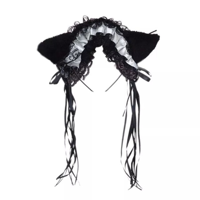 Gothic Lolita Maid Women Girl's Ruffles Lace Headband Plush Cat Ears Ribbon Bell Lolita Cosplay Hair Hoop