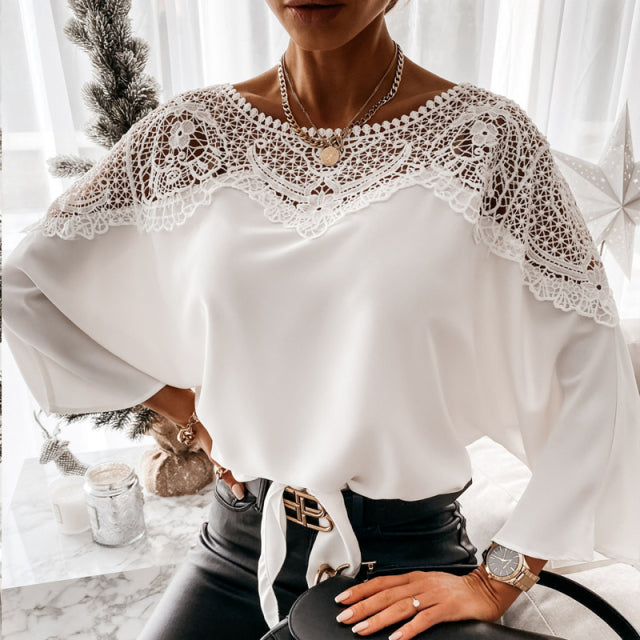 Nuevas Blusas de encaje con bordado de ganchillo para mujer, camisas blancas sexis de otoño con costuras de encaje, Tops Vintage de talla grande para mujer, Blusas 12459