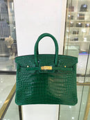 Bolso de mano de cocodrilo totalmente HECHO A MANO, 25 CM, bolso de cuero de cocodrilo verde brillante, bolso de lujo, costura de línea de cera, entrega rápida