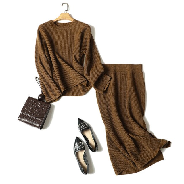high-end chic women's winter thick 100% cashmere sets crew neck tops plus skirt with pocket