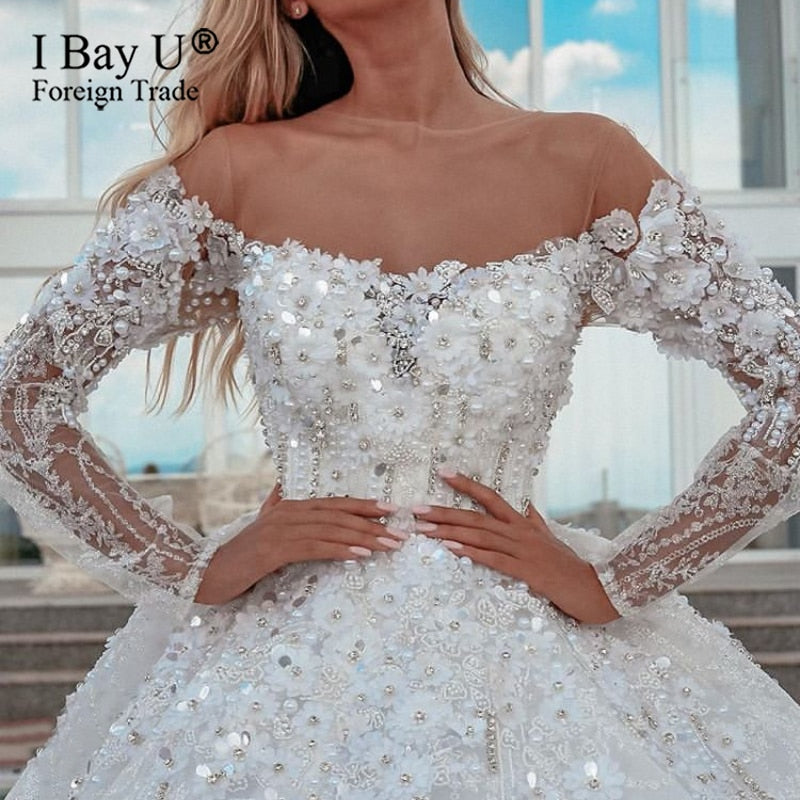 Luxus 3D-Blumen-Dubai-Hochzeitskleid mit Perlenstickerei 2021 Glitzerndes Braut-Ballkleid mit freiem Schleier Robe De Mariee Vestido De Noiva