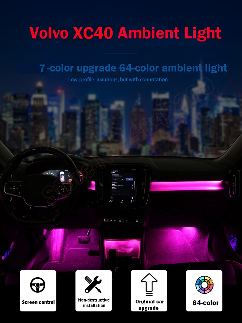 64 Farben Update-Set für Volvo XC40 2020-2021 Bildschirmsteuerung dekoratives Umgebungslicht LED-Stimmungslampe beleuchteter Streifen