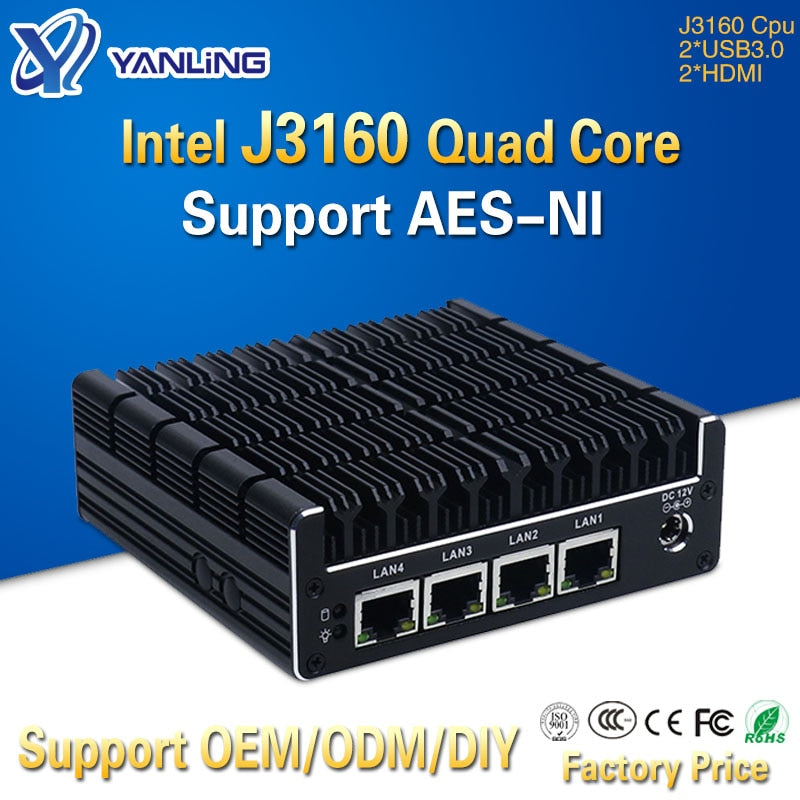 Yanling New NUC Mini PC Celeron J3160 Quad Core 4 Intel i211AT Nic X86 Computadora Enrutador suave Servidor Linux Soporte Pfsense AES-NI