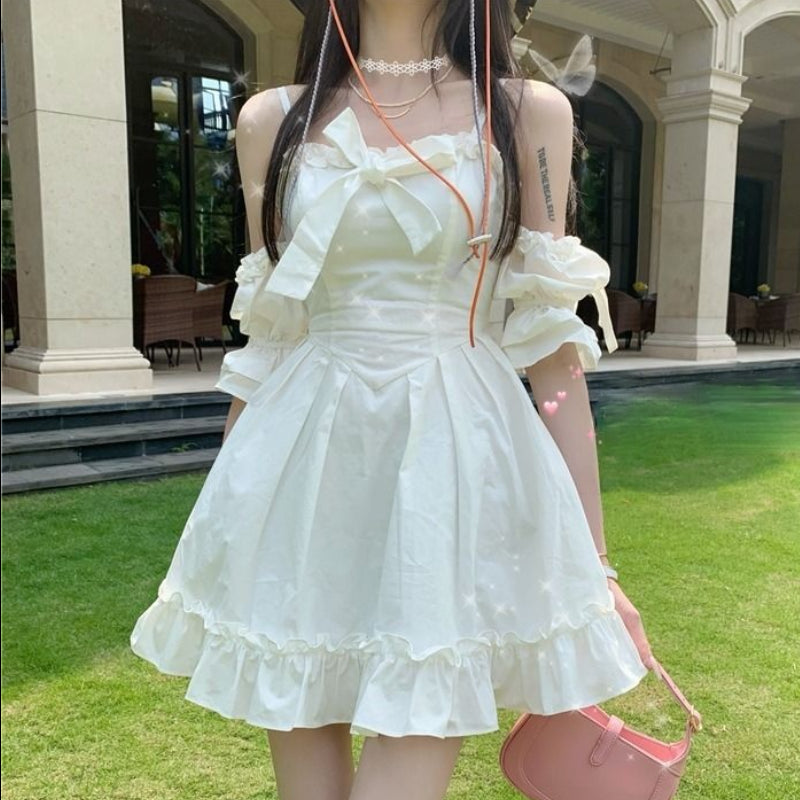 Vestido blanco Kawaii de tirantes de hada para mujer, Mini vestidos de fiesta sexis con hombros descubiertos y lazo con volantes, bonito vestido veraniego de princesa 2022