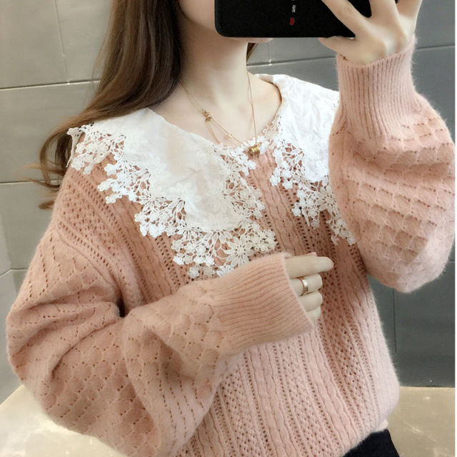 2020 new autumn sweater for women loose spring and autumn wear Lace Baby collar sweater top