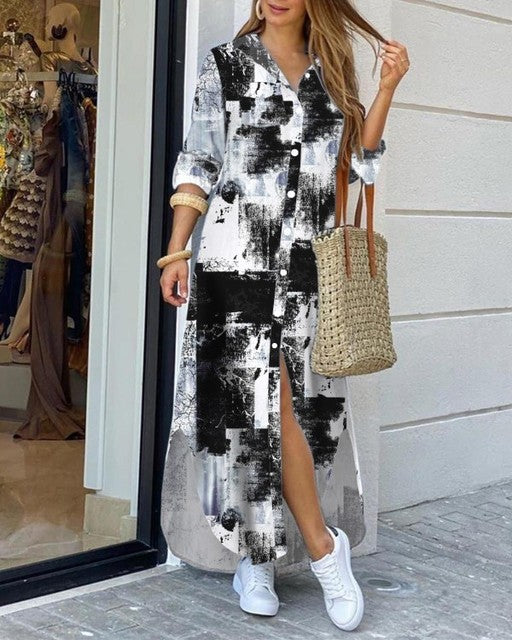 Damen Modisches Hemd-Stil Knopfkleid Damen Casual Langes Straßenkleid Großes Loses Home Commuter Print Kleid