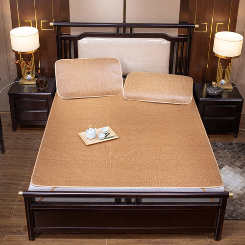 Smooth Rattan Bed Mat Breathable Sleeping Mat with Elastic Straps Pillowcase Non-slip Summer Cool Bed Protection Pad