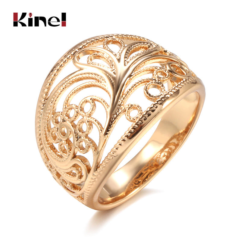 Kinel Hot Trendy Unique Women Rings 585 Rose Gold Hollow Pattern Romantic Wedding Rings Unusual Fashion Jewelry Party Gift