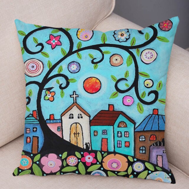 Pillow Cover for Sofa Retro Rural Color Cities Cushion Home Car Decor Colorful Cartoon House Case Tree Short Plush Pillowcase