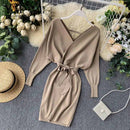 YuooMuoo Autumn Winter Women Knitted Sweater Dress 2021 New Korean Long Batwing Sleeve V Neck Elegant Dress Ladies Bandage Dress