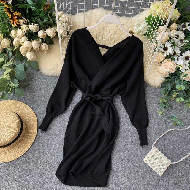 YuooMuoo Autumn Winter Women Knitted Sweater Dress 2021 New Korean Long Batwing Sleeve V Neck Elegant Dress Ladies Bandage Dress