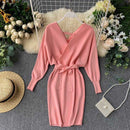 YuooMuoo Autumn Winter Women Knitted Sweater Dress 2021 New Korean Long Batwing Sleeve V Neck Elegant Dress Ladies Bandage Dress