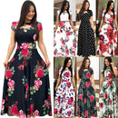 Women Short Sleeve Hollow Out O-neck Long Dress Summer Elegant Floral Printed High Waist Elastic Elegant Boho Robe Maxi Vestidos