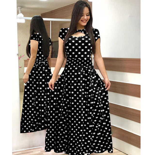 Frauen Kurzarm Aushöhlen O-Ausschnitt Langes Kleid Sommer Elegantes Blumenmuster Hohe Taille Elastische Elegante Boho Robe Maxi Vestidos