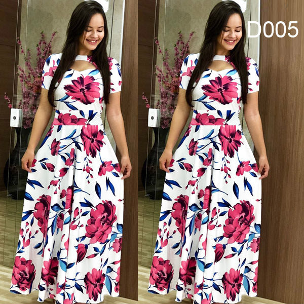 Frauen Kurzarm Aushöhlen O-Ausschnitt Langes Kleid Sommer Elegantes Blumenmuster Hohe Taille Elastische Elegante Boho Robe Maxi Vestidos