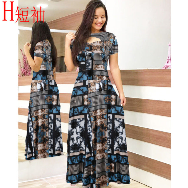 Women Short Sleeve Hollow Out O-neck Long Dress Summer Elegant Floral Printed High Waist Elastic Elegant Boho Robe Maxi Vestidos