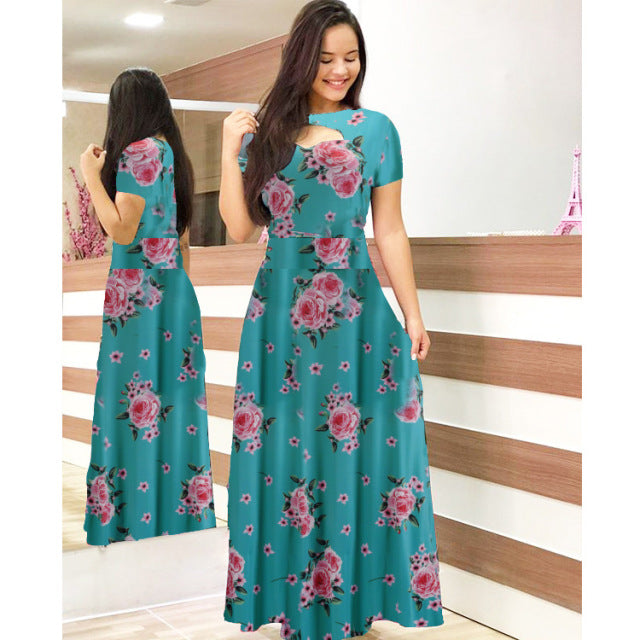 Women Short Sleeve Hollow Out O-neck Long Dress Summer Elegant Floral Printed High Waist Elastic Elegant Boho Robe Maxi Vestidos