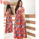 Women Short Sleeve Hollow Out O-neck Long Dress Summer Elegant Floral Printed High Waist Elastic Elegant Boho Robe Maxi Vestidos