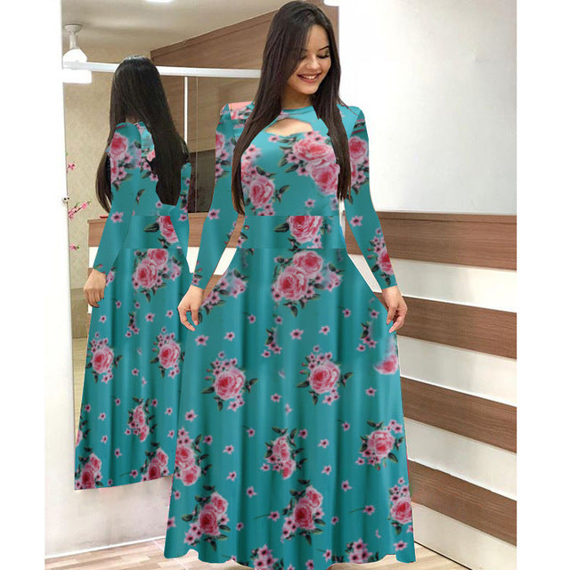 Women Short Sleeve Hollow Out O-neck Long Dress Summer Elegant Floral Printed High Waist Elastic Elegant Boho Robe Maxi Vestidos