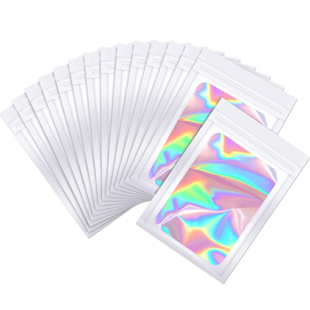 100 bolsas de Mylar a prueba de olores, bolsas resellables a prueba de olores, bolsa de embalaje holográfica con ventana transparente para alimentos