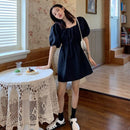 CMAZ 2021 Summer Casual Square Collar Puff Sleeve Mini Sweet Dress Woman Solid Color High Waist Loose Preppy Style Dresses 5942#