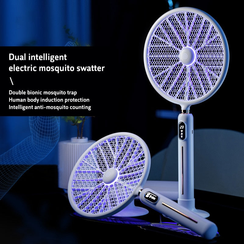 6 in 1 LED Display Smart Electric Mosquito Swatter 3000V Strong Voltage Insect Killer Human Body Induction No Radiation With Fan