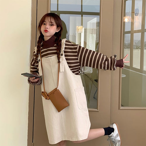 Gestreifter, sanfter Pullover im japanischen Stil, Fried Street Salt, Schnürung, zweiteiliger Anzug, Hosenträgerkleid für Damen, Herbst und Winter