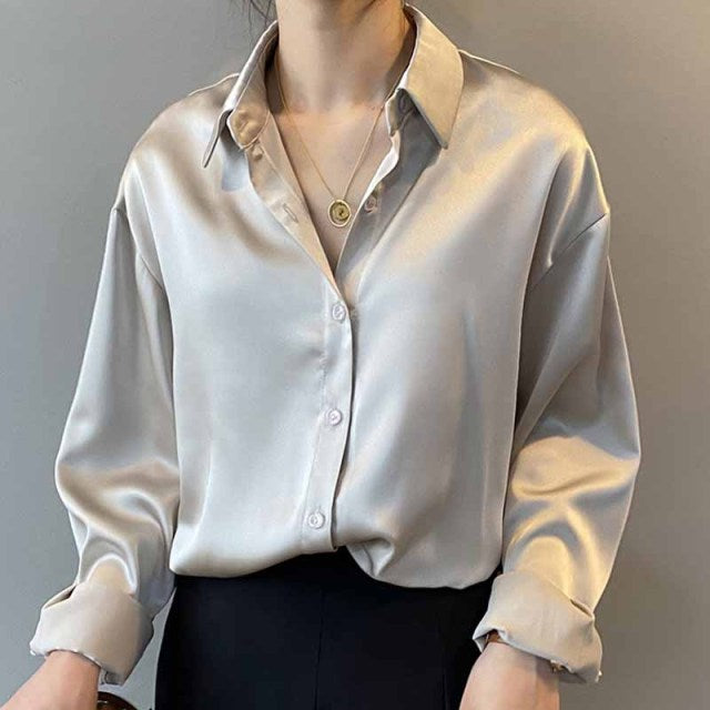 Frauen Vintage Mode Button Up Satin Hemd Seide Koreanische Büro Damen Elegante Hemdbluse Weiße Langarmshirts Tops 11355