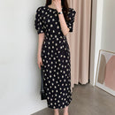 Korean Chic Summer Retro Puff Sleeve Round Neck Floral Lace-up Mid-Length Waist Slimming Elegant Dress for Women