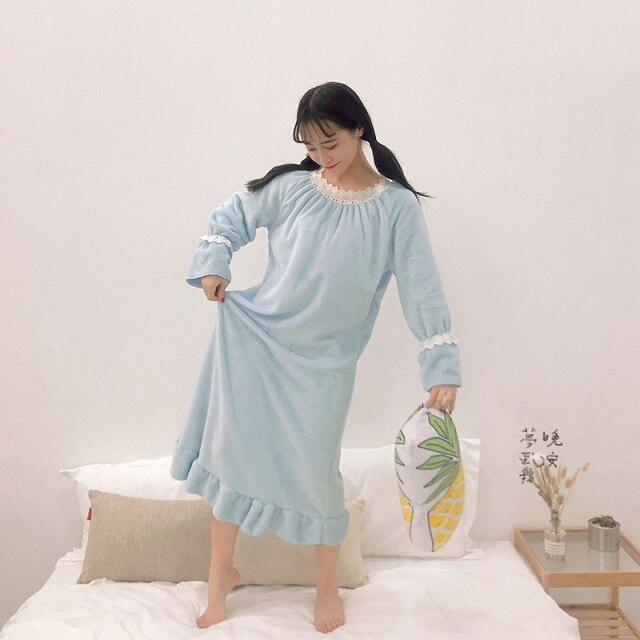 Women's Thick Long-Sleeved Nightdress Autumn and Winter Korean Style Fresh Pajamas Casual Homewear Mid-Length Dress for Students