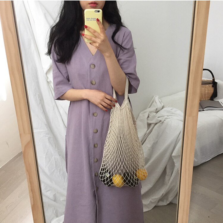 Chic Waist-Controlled Lace-up Dress Summer 2019 New Korean Style Versatile Student Solid Color Short Sleeve V-neck Long Dress