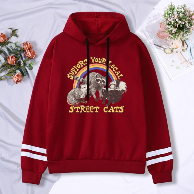 Support Your Local Street Cats Print Women Hoodie Cartoons Crewneck Clothes Vintage Loose Sweatshirt Street Hip Hop Hoody Womens