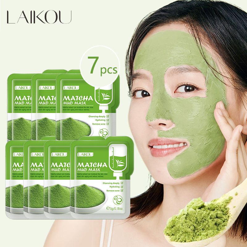 LAIKOU 7pcs Matcha Green Clay Schlamm-Gesichtsmaske Anti-Falten-Nacht-Gesichtspackungen Dark Circle Feuchtigkeitsspendende Anti-Aging-Maske für die Gesichtspflege