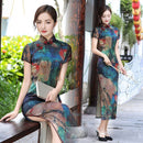 Summer Long Cheongsam Vintage Qipao Silk Fashion Daily Women Dress Slim Party Costume Dresses Lotus Landscape Print