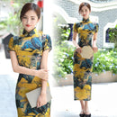 Summer Long Cheongsam Vintage Qipao Silk Fashion Daily Women Dress Slim Party Costume Dresses Lotus Landscape Print